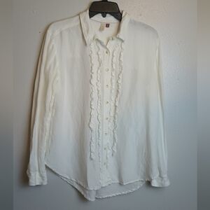 Pilcro Anthropologie Linen Blend Ruffled Placket Button-Up Shirt Womens Medium